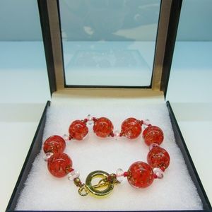 Murano red orange Aventurine Art Glass Bracelet